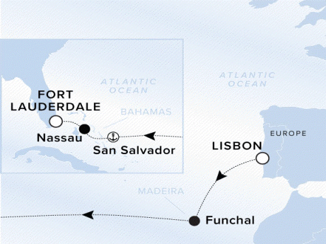 Ritz-Carlton Yacht Cruises 2025 Ilma Itinerary A map of the Atlantic Ocean. A line starting in Lisbon going to Funchal, then crossing the Atlantic Ocean to San Salvador, Nassau and ending in San Juan.