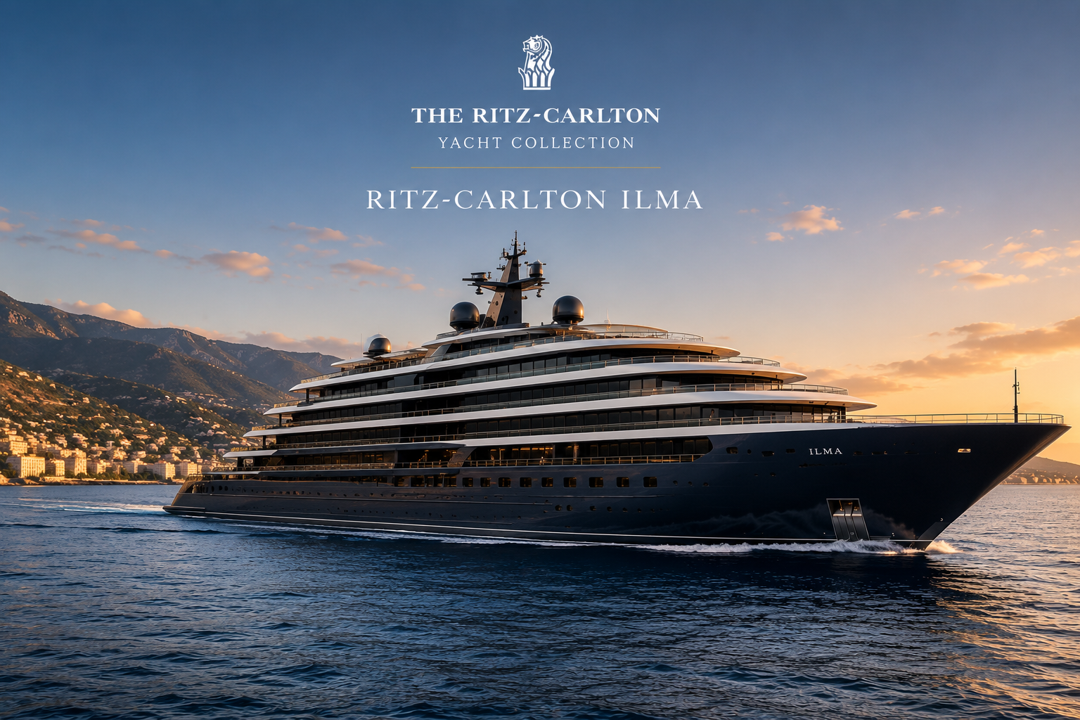 Ritz-Carlton Ilma luxury yacht sailing at sunset