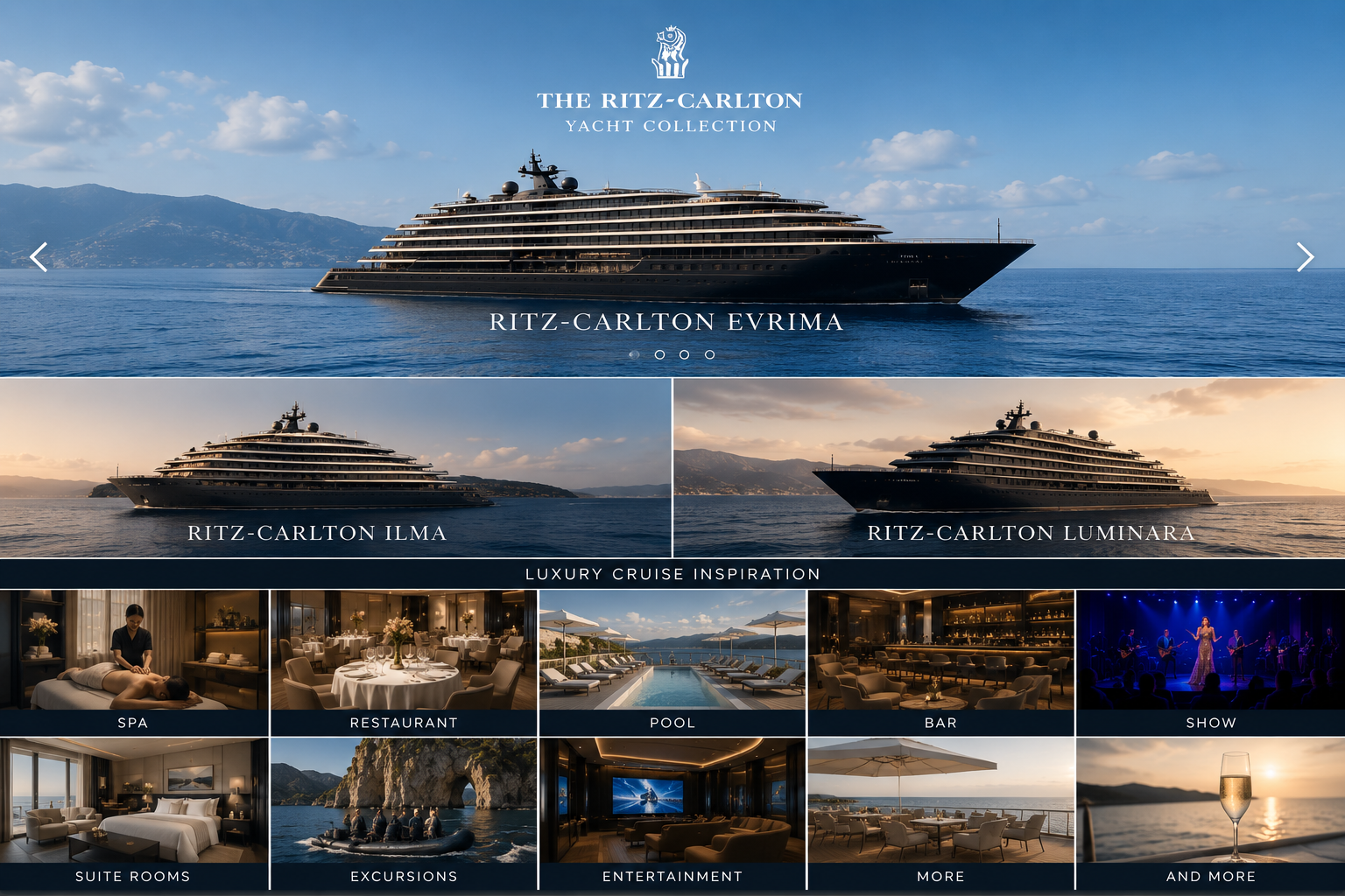 Ritz-Carlton Yacht Collection ships and luxury cruise experiences including suites, dining, spa, pool and entertainment