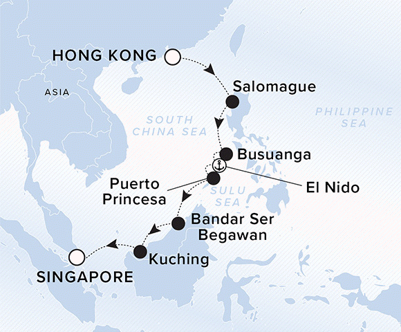 A map of the South China Sea, Sulu Sea, and Philippine Sea. A line shows the voyage route from Hong Kong, Salomague, Busuanga, El Nido, Puerto Princesa, Bandar Seri Begawan, Kuching and Singapore.