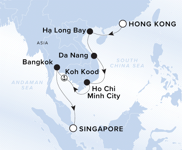 A map of the Andaman Sea and South China Sea. A line shows the voyage route from Hong Kong, Ha Long Bay, Da Nang, Ho Mchi Minh City, Koh Kood, Bangkok and Singapore.