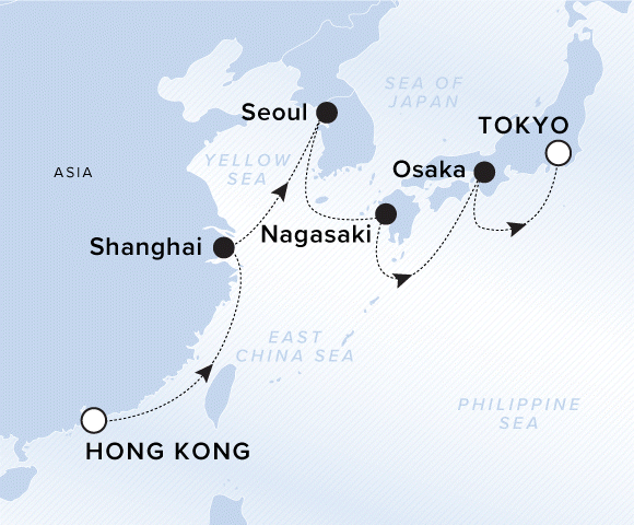 A map of East China Sea, Phippine Sea, Yellow Sea and Sea of Japan.  A line shows the voyage route from Hong Kong, Shanghai, Seoul, Nagasaki, Osaka and Tokyo. 