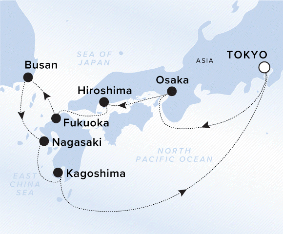 A map of the North Pacific Ocean, East China Sea, and Sea of Japan. A line shows the voyage route from Tokyo, Osaka, Hiroshima, Fukuoka, Busan, Nagasaki, Kagoshima, and back to Tokyo.