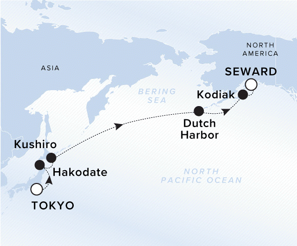 A map of the Bering Sea, and North Pacific Ocean. A line shows the voyage route from Tokyo, Hakodate, Kushiro, Dutch Harbor, Kodiak, and Seward.