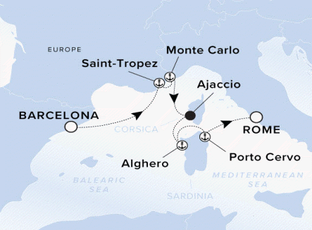 Ritz-Carlton Yacht Cruises 2025 Luminara Itinerary A map of the Balearic and Mediterranean Sea. A line starting in Barcelona going to Saint-Tropez, Monte Carlo, Ajaccio, Alghero, Porto Cervo and ending in Rome. 