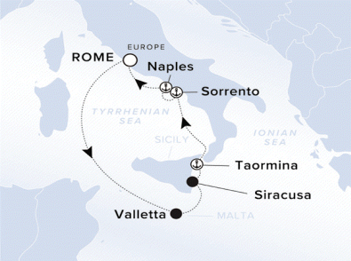 Ritz-Carlton Yacht Cruises 2025 Luminara Itinerary A map of Italy, Malta and the Tyrrhenian Sea. A line starting in Rome going to Valletta, Siracusa, Taormina, Sorrento, Naples and ending back in Rome.