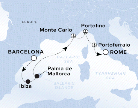 Ritz-Carlton Yacht Cruises 2025 Luminara Itinerary A map of the Balearic Sea with a line starting in Barcelona, going to Ibiza, Palma de Mallorca, Monte Carlo, Portofino, Portoferraio and ending in Rome. 