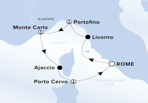 Ritz-Carlton Yacht Cruises 2025 Luminara Itinerary A map of the Tyrrhenian Sea with a line starting in Rome going to Livorno, Portofino, Monte Carlo, Ajaccio, Porto Cervo and ending back in Rome. 