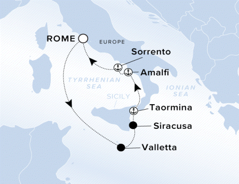 Ritz-Carlton Yacht Cruises 2025 Luminara Itinerary A map of Italy, Malta and the Tyrrhenian Sea. A line starting in Rome going to Valletta, Siracusa, Taormina, Amalfi, Sorrento and ending back in Rome.