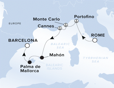 Ritz-Carlton Yacht Cruises 2025 Luminara Itinerary A map of the Tyrrhenian and Balearic Sea. A line starting in Rome going to Portofino, Monte Carlo, Cannes, Mahon, Palma de Mallorca and ending in Barcelona. 