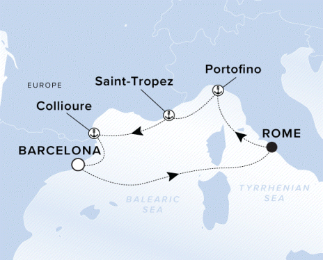 Ritz-Carlton Yacht Cruises 2025 Luminara Itinerary A map of the Balearic Sea with a line starting in Barcelona going to Rome, Portofino, Saint-Tropez, Collioure and ending back in Barcelona. 
