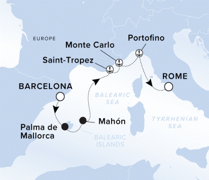 Ritz-Carlton Yacht Cruises 2025 Luminara Itinerary A map of the Balearic Sea with a line starting in Barcelona going to Palma de Mallorca, Mahon, Saint-Tropez, Monte Carlo, Portfino and ending in Rome. 