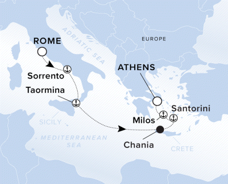 Ritz-Carlton Yacht Cruises 2025 Luminara Itinerary A map of the Mediterranean Sea with a line starting in Rome going southeast to Sorrento, Taormina, Chania, Santorini, Milos and ending in Athens. 