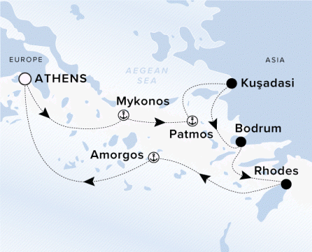 Ritz-Carlton Yacht Cruises 2025 Luminara Itinerary A map of the Aegean Sea and Greek Isles. A line starting in Athens going to Mykonos, Patmos, Kusadasi, Bodrum, Rhodes, Amorgos and ending in Athens.