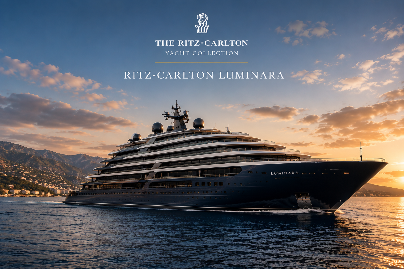 Ritz-Carlton Luminara luxury yacht sailing at sunset