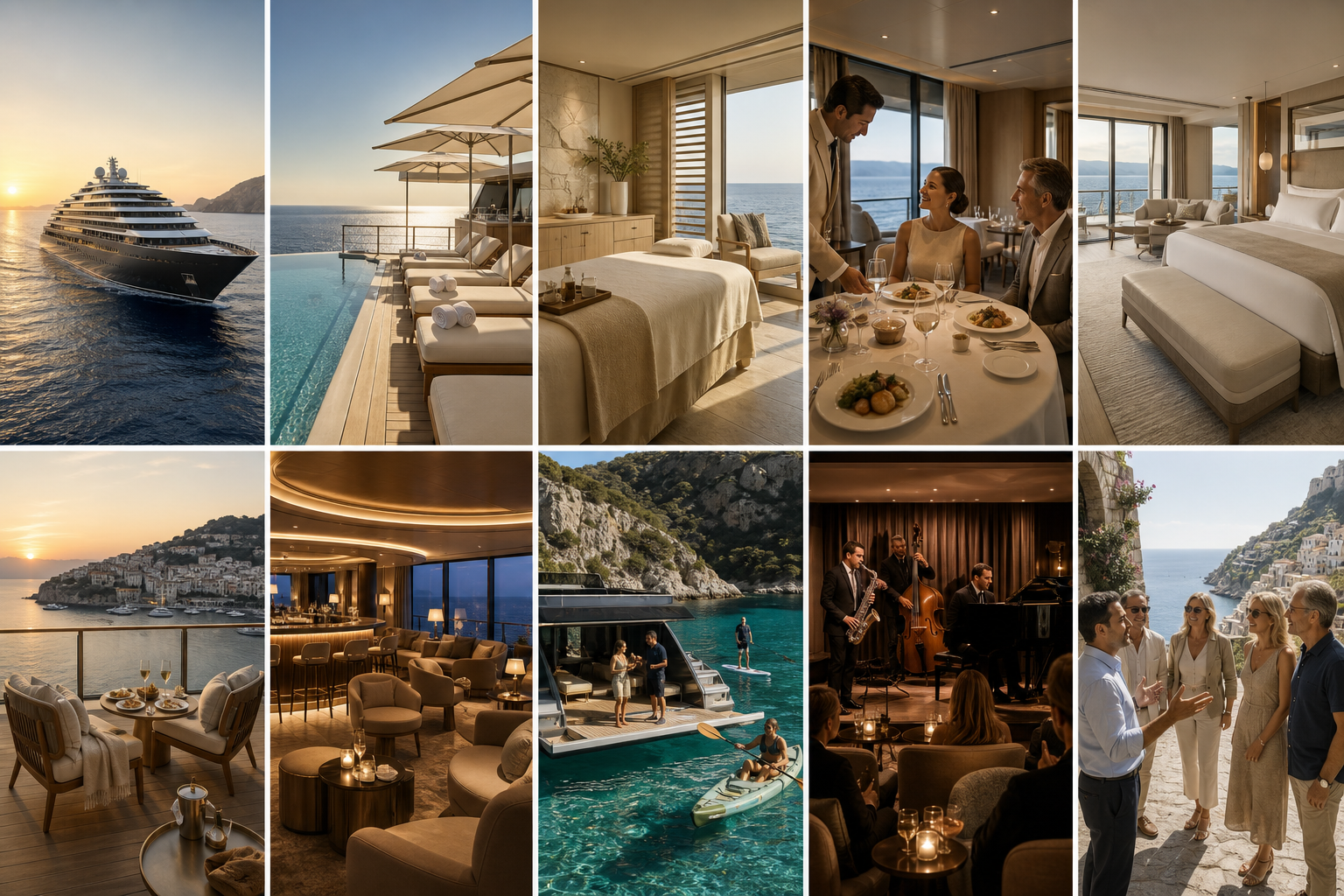 Ten Ritz-Carlton Yacht Collection-inspired luxury cruise scenes featuring a superyacht, pool deck, spa, fine dining, suite, private terrace, lounge, marina, live music and Mediterranean excursion