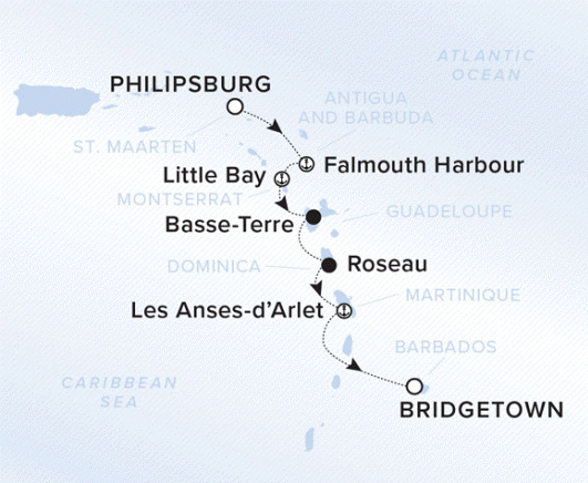 The Ritz-Carlton Evrima A map showing the Atlantic Ocean and Caribbean Sea. A line shows the voyage route from Philipsburg to Falmouth Harbour, Little Bay, Basse-Terre, Roseau, Les Anses-d'Arlet and Bridgetown.