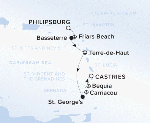 The Ritz-Carlton Evrima A map showing the Atlantic Ocean and Caribbean Sea. A line shows the voyage route from Philipsburg to Friars Beach, Basseterre, Terre-de-Haut, St. George's, Carriacou, Bequia and Castries.