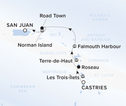 The Ritz-Carlton Evrima A map showing the Atlantic Ocean and Caribbean Sea. A line shows the voyage route from Castries to Les Trois-Ilets, Roseau, Terre-de-Haut, Falmouth Harbour, Road Town, Norman Island and San Juan.