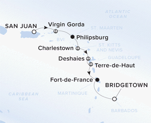 The Ritz-Carlton Evrima A map showing the Atlantic Ocean and Caribbean Sea. A line shows the voyage route from San Juan to Virgin Gorda, Philipsburg, Charlestown, Deshaies, Terre-de-Haut, Fort-de-France.