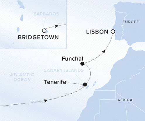 The Ritz-Carlton Evrima A map showing the Atlantic Ocean. A line shows the voyage route from Bridgetown to Tenerife, Funchal, and Lisbon.