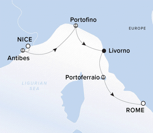 The Ritz-Carlton Evrima A map showing the Ligurian Sea. A line shows the voyage from Nice to Antibes, Portofino, Livorno, Portoferraio and Rome.