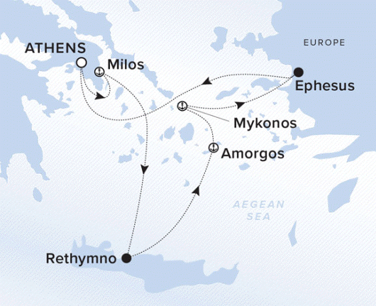 The Ritz-Carlton Evrima A map showing the Aegean Sea. A line shows the voyage route from Athens, Milos, Rethymno, Amorgos, Mykonos, Ephesus and Athens..