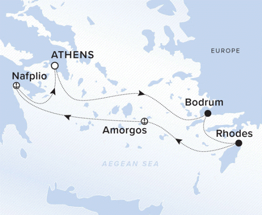 The Ritz-Carlton Evrima A map showing the Aegean Sea. A line of the voyage route from Athens to Bodrum, Rhodes, Amorgos, Nafplio and Athens.