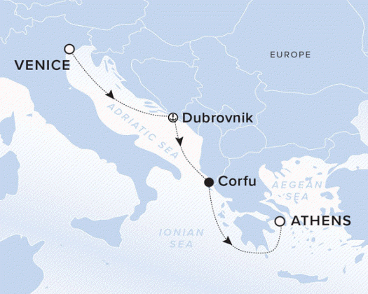 The Ritz-Carlton Evrima A map showing the Adriatic and Ionian Seas. A line shows the voyage route from Venice to Dubrovnik, Corfu and Athens..