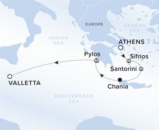 A map showing the Mediterranean Sea. A line shows the voyage route from Athens to Sifnos, Santorini, Chania, Pylos and Valletta.