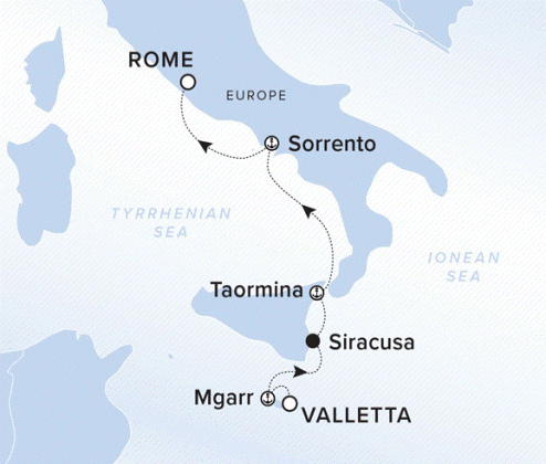The Ritz-Carlton Evrima A map showing a line of the voyage route from Valletta to Mgarr, Siracusa, Taormina, Sorrento and Rome.