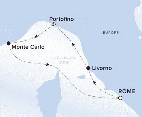 The Ritz-Carlton Evrima A map showing the Ligurian Sea. A line shows the voyage route from Rome to Livorno, Portofino, Monte Carlo and Rome.