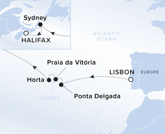 The Ritz-Carlton Evrima A map showing the Atlantic Ocean. A line shows the voyage route from Lisbon to Ponta Delgada, Praia da Vitoria, Horta, Sydney and Halifax.