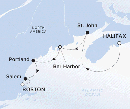 The Ritz-Carlton Evrima A map showing the Atlantic Ocean. A line shows the voyage route from Halifax to St. John, Bar Harbor, Portland, Salem and Boston.