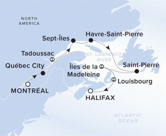 The Ritz-Carlton Evrima A map showing the Atlantic Ocean. A line shows the voyage route from Montreal to Quebec City, Tadoussac, Sept-Iles, Havre-Saint-Pierre, Saint-Pierre, Iles de la Madeleine, Louisbourg and Halifax.