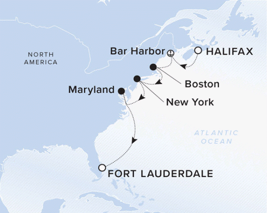 The Ritz-Carlton Evrima A map showing the Atlantic Ocean. A line shows the voyage route from Halifax to Bar Harbor, Boston, New York City, Baltimore and Fort Lauderdale.
