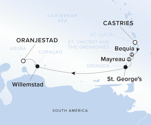 A map showing the Caribbean Sea. A line shows the voyage route from Castries to Bequia, Mayreau, St. George's, Willemstad and Oranjestad.