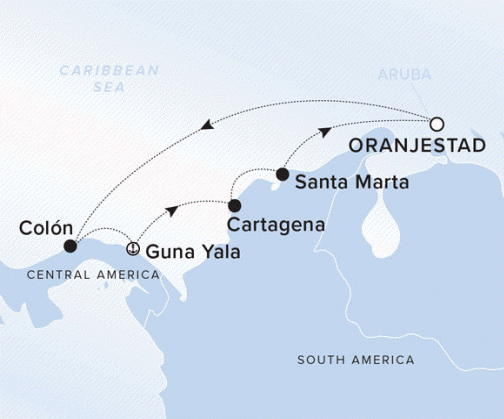 The Ritz-Carlton Evrima A map showing the Caribbean Sea. A line shows the voyage route from Oranjestad to Colon, Guna Yala, Cartagena, Santa Marta and Oranjestad.