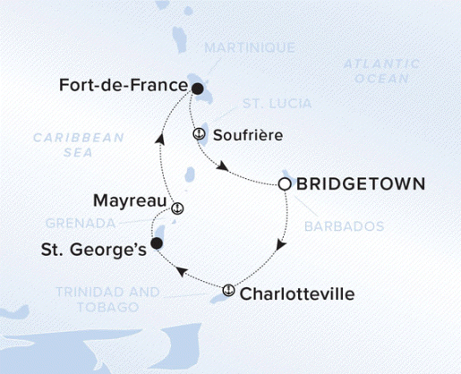 The Ritz-Carlton Evrima A map showing the Atlantic Ocean and Caribbean Sea. A line shows the voyage route from Bridgetown to Charlotteville, St. George's, Mayreau, Fort-de-France, Soufriere and Bridgetown.