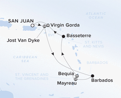 The Ritz-Carlton Evrima A map showing the Atlantic Ocean and Caribbean Sea. A line shows the voyage route from San Juan to Jost Van Dyke, Bridgetown, Mayreau, Bequia, Basseterre, Virgin Gorda and San Juan.