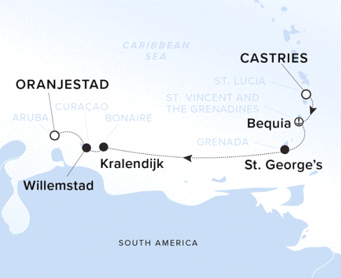 The Ritz-Carlton Evrima A map showing the Atlantic Ocean and Caribbean Sea. A line shows the voyage route from Castries to Bequia, St. George's, Kralendijk, Willemstad and Oranjestad.