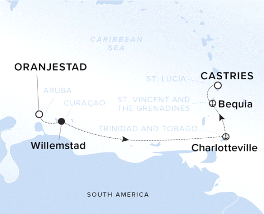 The Ritz-Carlton Evrima A map showing the Atlantic Ocean and Caribbean Sea. A line shows the voyage route from Oranjestad, Willemstad, Charlotteville, Bequia and Castries.