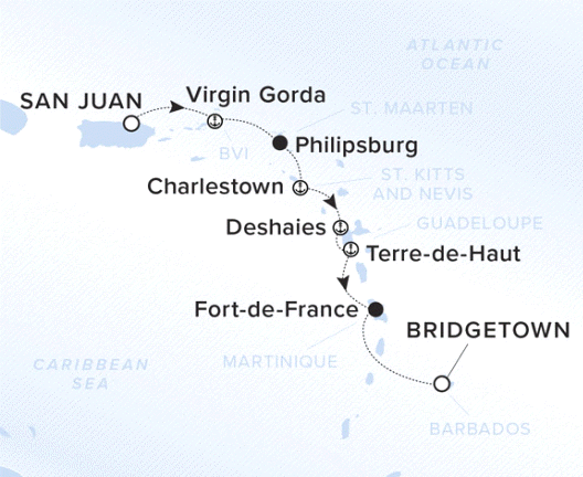 The Ritz-Carlton Evrima A map showing the Atlantic Ocean and Caribbean Sea. A line shows the voyage route from San Juan to Virgin Gorda, Philipsburg, Charlestown, Deshaies, Terre-de-Haut, Fort-de-France.