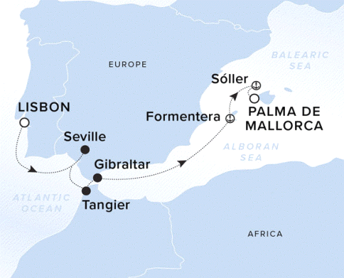 The Ritz-Carlton Evrima A map showing the Atlantic Ocean. A line shows the voyage route from Lisbon to Seville, Tangier, Gibraltar, Formentera, Soller and Palma de Mallorca.