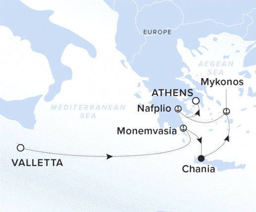 The Ritz-Carlton Evrima A map showing the Mediterranean Sea. A line shows the voyage route from Valletta, Monemvasia, Chania, Mykonos, Nafplio and Athens.