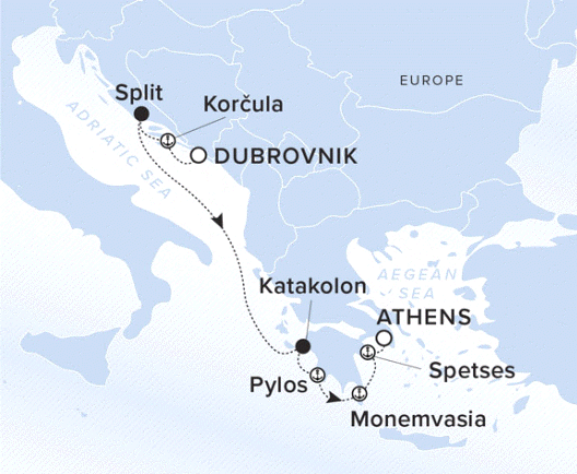 The Ritz-Carlton Evrima A map showing the Adriatic and Aegean Seas. A line shows the voyage route from Dubrovnik to Korcula, Split, Katakolon, Pylos, Monemvasia, Spetses and Athens..