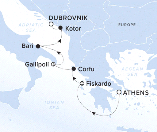 The Ritz-Carlton Evrima A map showing the Adriatic Sea. A line shows the voyage route from Athens, Fiskardo, Corfu, Gallipoli, Bari, Kotor and Dubrovnik.