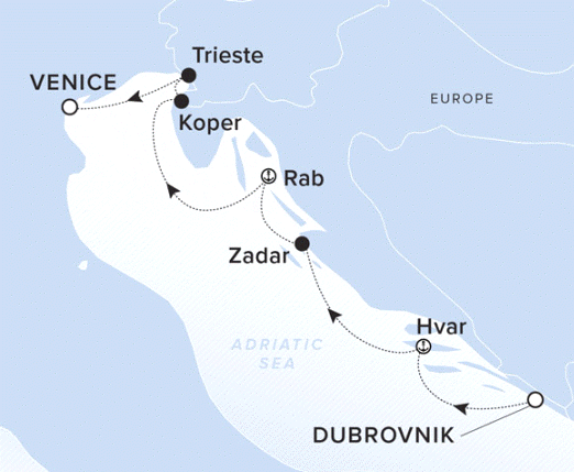 The Ritz-Carlton Evrima A map showing the Adriatic Sea. A line shows the voyage route from Dubrovnik to Hvar, Zadar, Rab, Koper, Trieste and Venice.