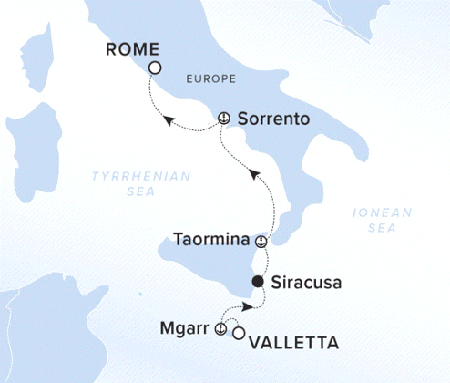 The Ritz-Carlton Evrima A map showing a line of the voyage route from Valletta to Mgarr, Siracusa, Taormina, Sorrento and Rome.