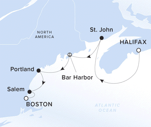 The Ritz-Carlton Evrima A map showing the Atlantic Ocean. A line shows the voyage route from Halifax to St. John, Bar Harbor, Portland, Salem and Boston.
